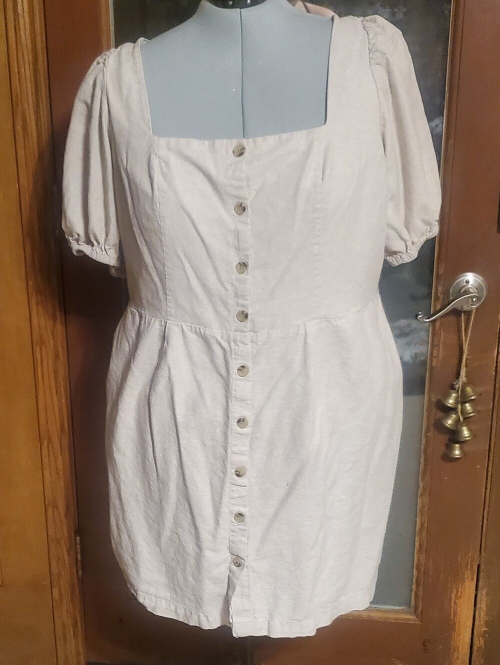 Old Navy  4X TAN LINEN Button-Front Puff Sleeve Dress